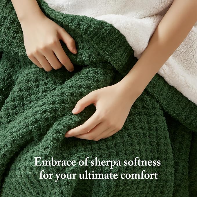 Madison Park Rowan Sherpa Throw Blanket Waffle Weave, 50 x 60, Green | Cozy Warmth for Sofa or Bed, Reversible, Lightweight, Farmhouse, OEKO-TEX Certified