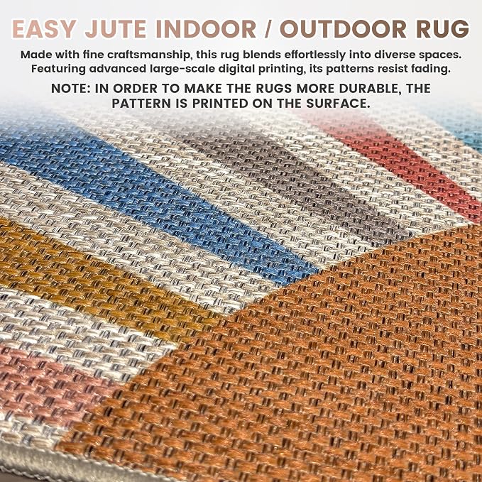 Washable Sun Easy Jute Rug, 8x10 Rainbow Sun Modern Boho Retro Outdoor Indoor Patio Large Area Rug, Woven Ultra Thin Non Slip Carpet Mat for Living Dining Room Bedroom Classroom Kids Nursery Play Room