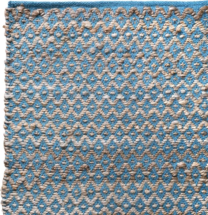 THE BEER VALLEY Jute Cotton Diamond Kitchen Rug 2x3 Feet - Natural Teal | Small Neutral Area Door mat for Entryway, Easy Clean Outdoor Indoor Boho Entry Rugs