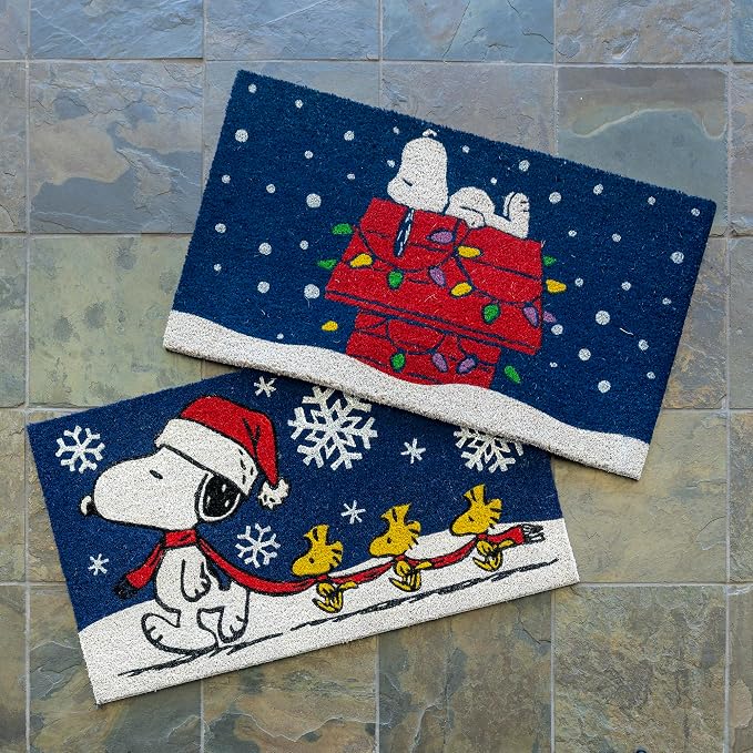 Gertmenian Peanuts Snoopy Coir Doormat - 2x3 Welcome Mat (2-Pack), Ideal for High Traffic Areas in Front Door, Garage, Entryway - Snowflake/Dog House Lights, 80004