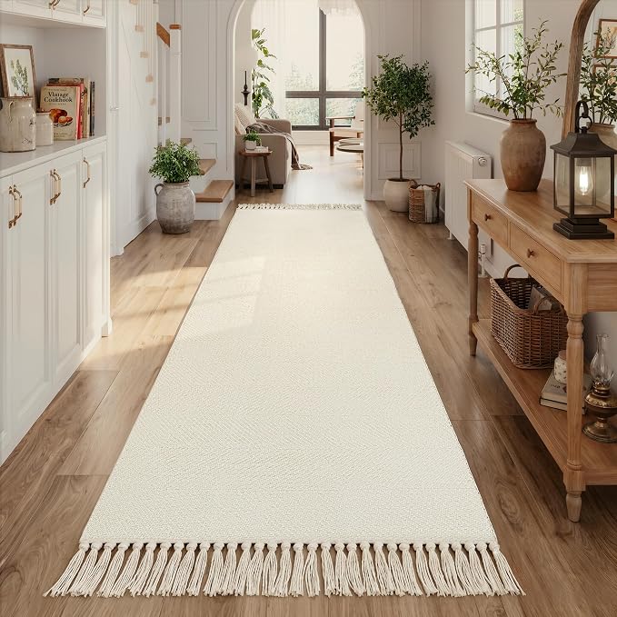 Collive Rug Runners for Hallways, Boho Washable Kitchen Runner Rugs 2.6' x 10' Farmhouse Indoor Entry Hall Carpet, White Modern Hand Woven Bathroom Runner Carpet for Bedroom Entrance Porch Decor