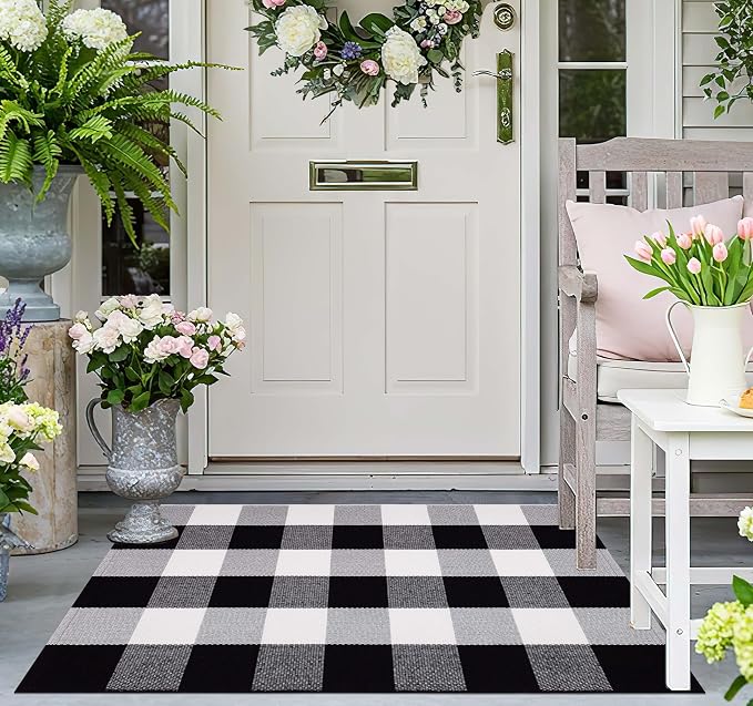 Buffalo Plaid Door Mats Outdoor 24''X35'' Black and White Layered Doormat Cotton Woven Washable Halloween Porch Mat for Welcome Door Mat Entryway Bedroom Living Room
