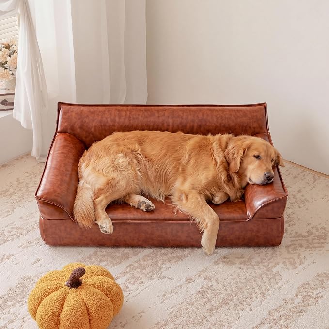 X-Large Leather Dog Bed Couch for Large Dogs Under 90 lbs, Brown Luxurious Vintage Elevated Dog Sofa Chaise Indoor Furniture Style Pet Supplies Low Maintenance