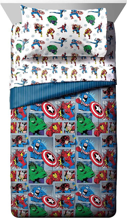Marvel Comics Iron Man Twin Comforter Set 4 Piece Kids Bedding, Multi | Hulk Captain America, Bed in a Bag, Comforter Sheets Pillowcase, Soft Microfiber, Machine Washable, Boys Gift
