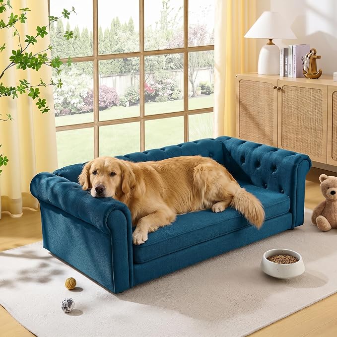 Elevated XL Large Dog Sofa with Backrest and Armrests, 55" Button Tufted Dog Couch Bed with Soft Cushion for Large Dogs, Stylish Lounging Bed Pet Couch Chair, 120Lbs Weight Capacity, Dark Blue