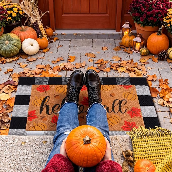 Moucuny 2 Pcs Fall Coir Doormat Outdoor Hello Fall Welcome Mat Layered Black and White Buffalo Plaid Rug for Autumn Front Porch Entryway Entrance Decor, 24'' x 35'', 16'' x 28''