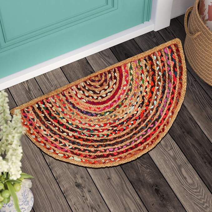 Boho Braided 1.5x3 Area Rug - Jute Chindi Half Circle Rug for Living Room Entryway, Farmhouse, Home Décor, Indoor Rugs Jute Door mat for Bathroom, Kitchen (Multi Natural, 1.5 X 3 ft)