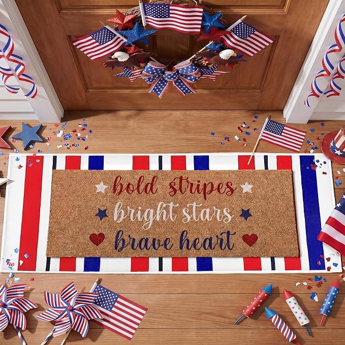 Moucuny 2 Pcs Patriotic Doormat Outdoor Decor 4th of July Coir Doormat Red Blue White Striped Welcome Rug Non-Slip Independence Day Memorial Day 250th Anniversary Mat Front Porch Entrance Decor