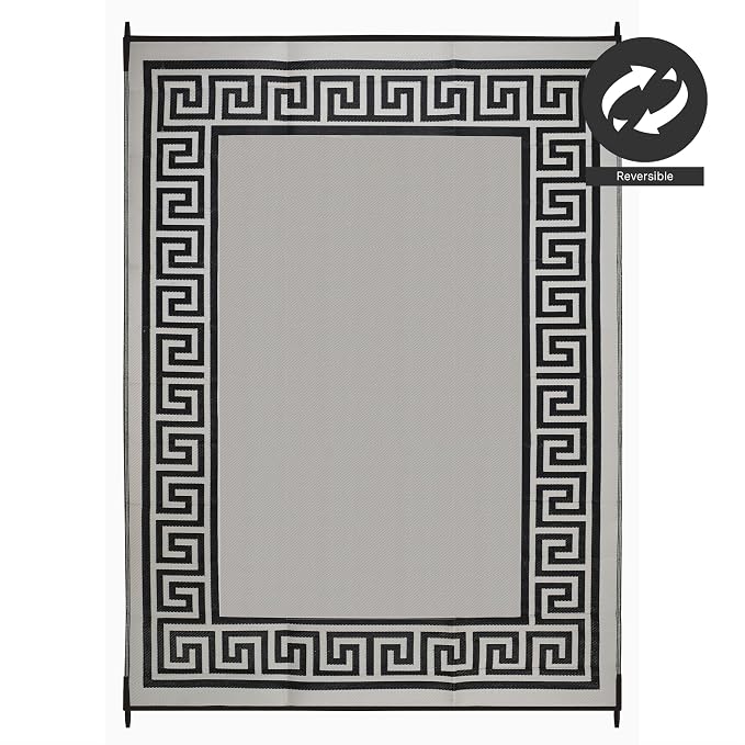 FH Home Outdoor Camping Rug - Waterproof, Fade Resistant, Reversible - Premium Recycled Plastic - Greek Border - Large Patio, Deck, Sunroom, RV - Athens - Black & White - 9 x 12 ft Foldable