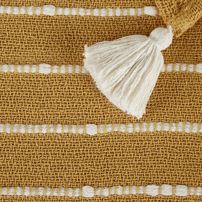 DII Striped Throw Collection Cotton Slub, Hand-Tied Tassels, 50x60, Honey Gold & Off-White