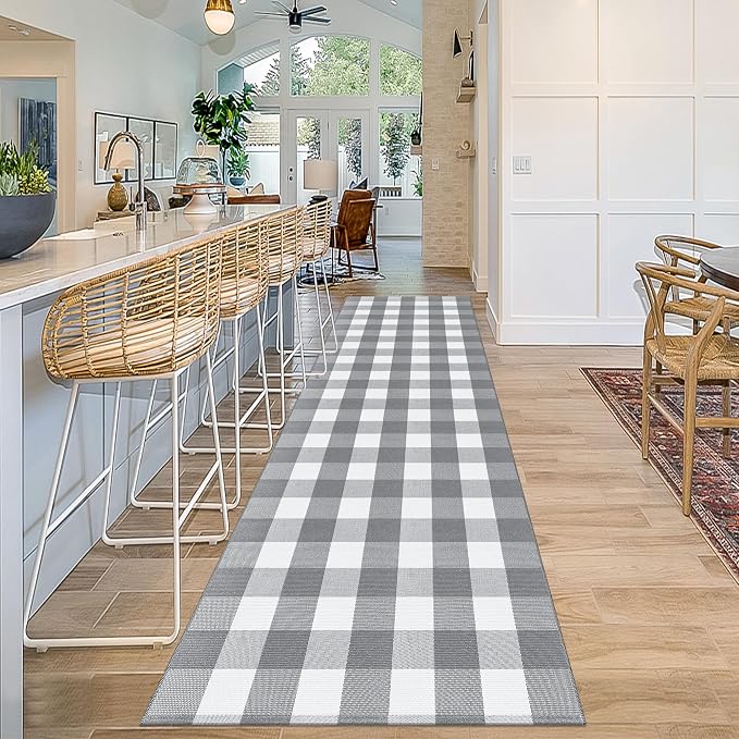 Buffalo Plaid Runner Rug 3x10 Feet Grey and White Checkered Runner Rug Cotton Woven Farmhouse Floor Mat Washable Rugs for Hallway Kitchen Laundry Bedroom Living Room
