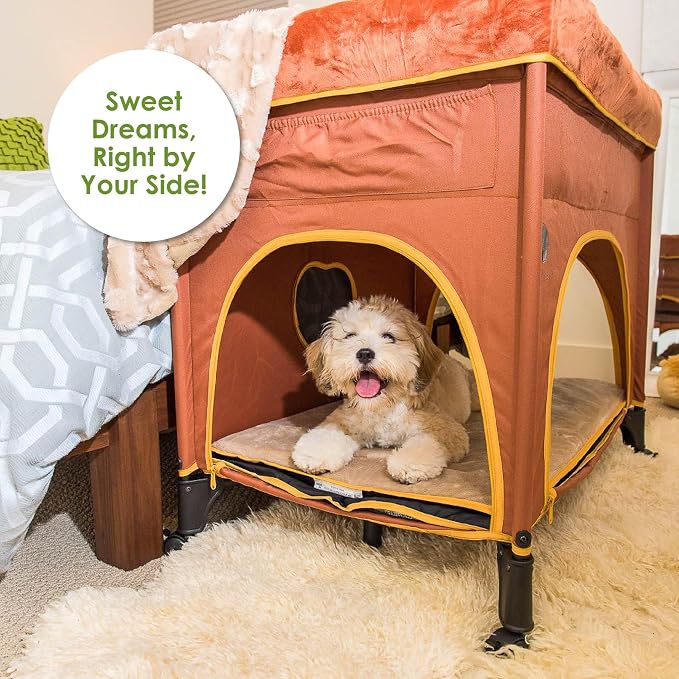 Petique Bedside Lounge Pet Bed, Bunk Bed for Medium Size Pets, Raised Lounge Bed for Cats & Dogs, Lion’s Den Design,Brown, 39.0"L x 22.5"W x 33.5"Th