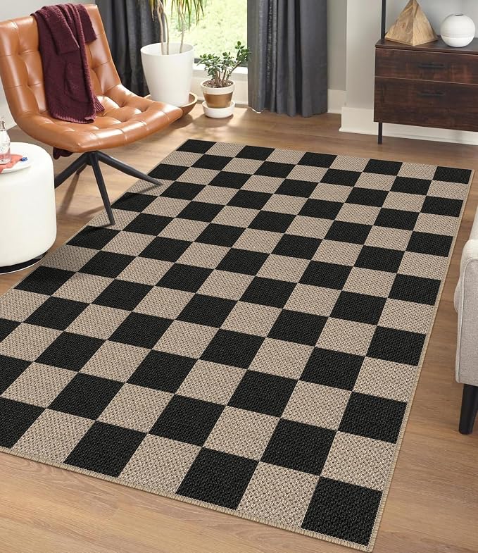 Rugalia Easy Jute Checkered Area Rug, 4x6 Black Modern Washable Rugs for Living Room Non-Slip Low Pile Entryway Mat, Farmhouse Checkerboard Indoor Outdoor Carpet for Kitchen Backyard Bedroom Office