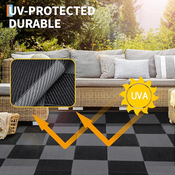 GarveeHome Large Waterproof Outdoor Rug 10 x 14 Foldable Checkboard Plastic Straw Rug, UV-Resistant Reversible Mat, Modern Geometric Plaid Woven Carpet for Picnic, Backyard, Deck, Black Gray