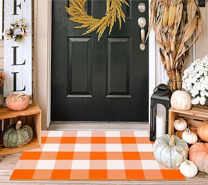 Cotton Buffalo Plaid Outdoor Rug 24'' x 35'' Orange and White Layered Doormat,Halloween Front Door Mat Outdoor,Farmhoue Woven Washable Checkered Rug for Porch, Entryway, Farmhouse, Autumn, Halloween