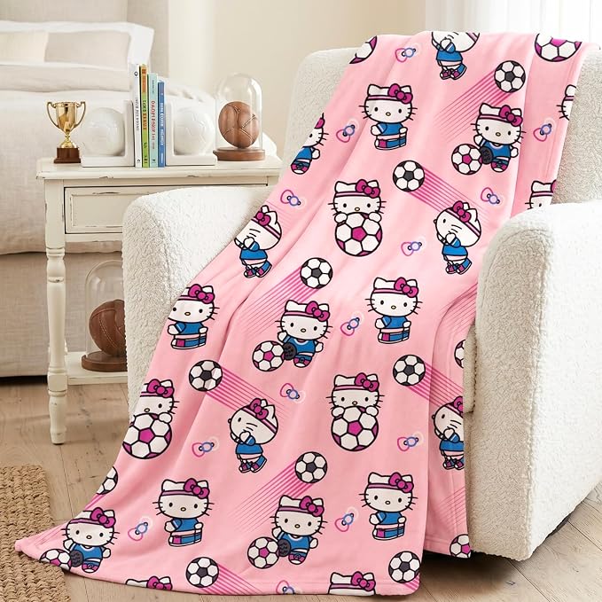 Hello Kitty Kids Soccer Blanket, 90 in x 62 in, Soft Plush Throw for Couch, Bed, or Sporting Events, 2026 World Tournament (Officially Licensed Product) by Franco
