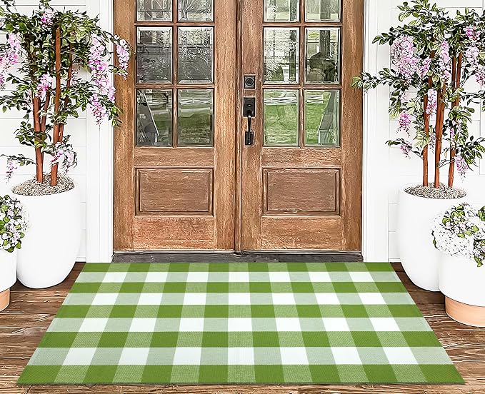 Green and White Outdoor Rug 3'X 5' Buffalo Checked Porch Rug Cotton Woven Machine Washable Layering Door Mat for Welcome Door Mat Porch Entryway Bedroom Living Room