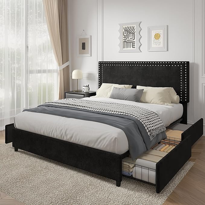 VECELO King Size Upholstered Bed Frame with 4 Storage Drawers, Adjustable Velvet Rivet Decor Headboard, Wooden Slats Platform Support, No Box Spring Needed, Easy Assembly,Black