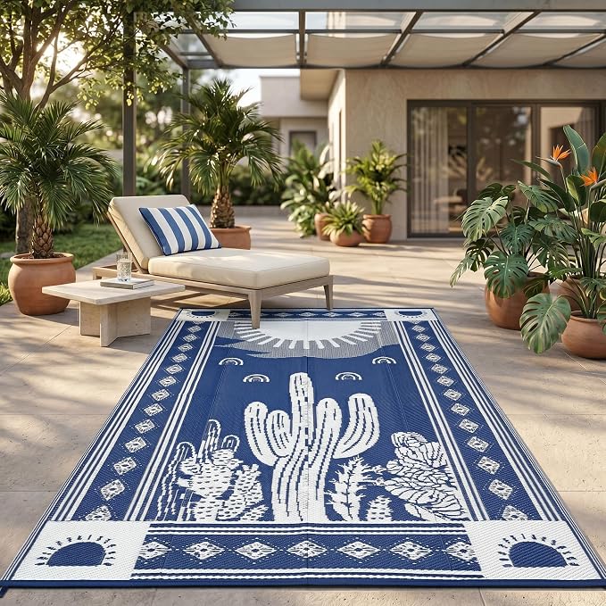 Garvee Waterproof Outdoor Rug 5x8, Cactus Botanical Outdoor Plastic Straw Rug for Camping, Reversible RV Mat Outside, Indoor Outdoor Carpet for Porch, Deck, Backyard, Balcony, Picnic, Navy & White