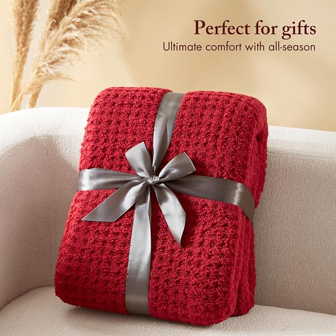 Madison Park Rowan Sherpa Throw Blanket Waffle Weave, 50 x 60, Red | Cozy Warmth for Sofa or Bed, Reversible, Lightweight, Farmhouse, OEKO-TEX Certified