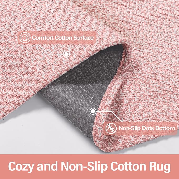 Rugalia Pink Woven Entryway Rug 3x5, Washable Cotton Indoor Outdoor Doormat Low Plie Non-Slip Kitchen Mat, Modern Farmhouse Natural Floor Carpet for Porch Living Room Bedroom Patio