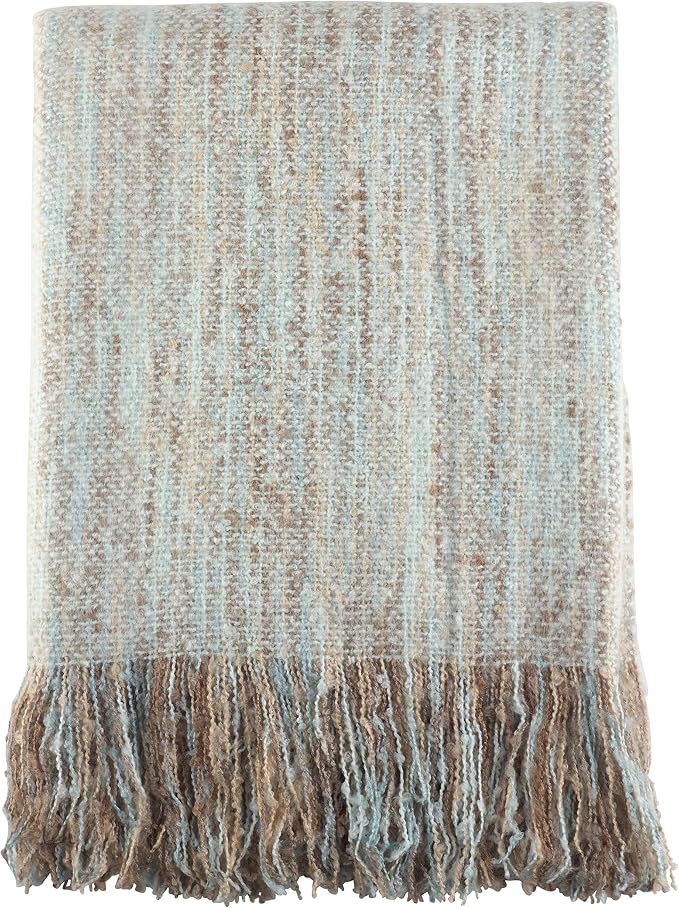 SARO LIFESTYLE Faux Mohair Fringe Throw Blanket – Lightweight Reversible Acrylic Throw for Cozy Layering, Couch & Bed Styling, Aqua, 50"x60"