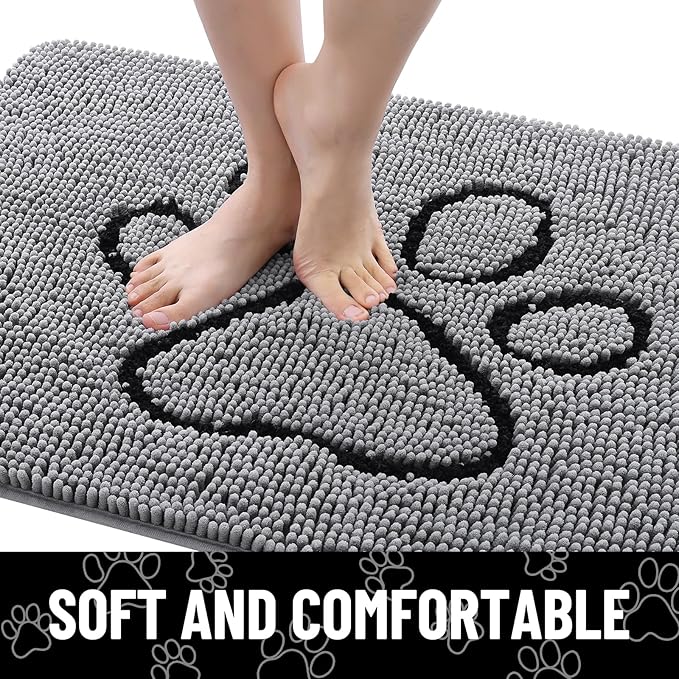 Smiry Dog Door Mat for Muddy Paws, Absorbent Dirt Trapper Non Slip Quick Dry Washable Chenille Mat for Mud Dogs, Entry Rug for Indoor and Outdoor (47x32 Inches, Grey and Black)