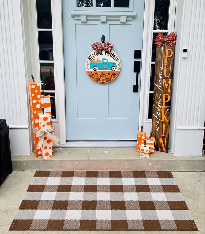 Coffee and White Outdoor Rug 27.5''x 43.3''Buffalo Plaid Layered Doormat Woven Machine Washable Farmhouse Door Mats Outdoor for Hello/Welcome Mat,Entryway,Bedroom,Patio