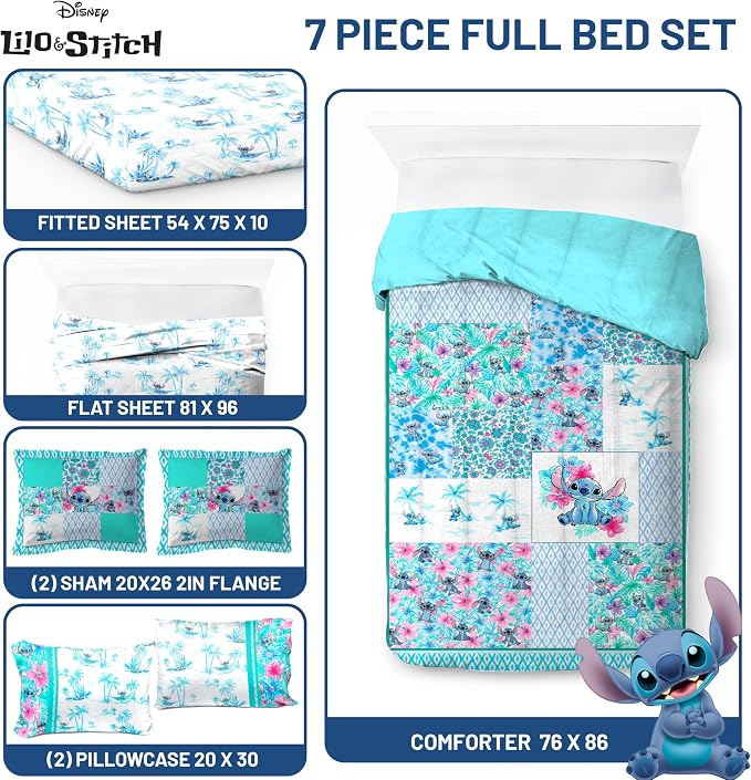 Disney Lilo and Stitch Full Size Comforter Set 7 Piece Bedding, Multi | Floral Bed in a Bag, Comforter Sheets Shams Pillowcases, Official Product, Soft Microfiber, Machine Washable, Girls Gift