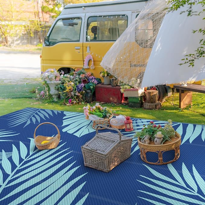 GENIMO Outdoor Rug, Waterproof Plastic Rugs 10'x14' for Camping Navy Green | Outside Larger Leaf Carpet Mat for Porch Decor, Deck, Camping, RV, Backyard, Balcony, Picnic, Beach, Reversible, Foldable