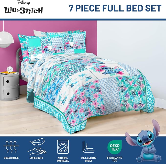 Disney Lilo and Stitch Full Size Comforter Set 7 Piece Bedding, Multi | Floral Bed in a Bag, Comforter Sheets Shams Pillowcases, Official Product, Soft Microfiber, Machine Washable, Girls Gift
