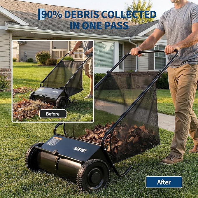 Garvee 26 Inch Push Lawn Sweeper, Walk Behind Leaf Grass Collector with 7 Cu ft Hopper Bag, Carbon Steel Frame, Yard Sweeper with Adjustable Brush Height for Garden Patio Driveway Leaves Cleanup | 7 Cu ft Hopper Bag, Carbon Steel Frame, Yard Sweeper wi...