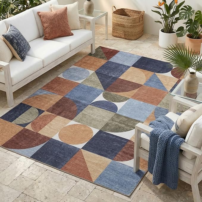 ReaLife Rugs Machine Washable Indoor Outdoor - Mat Rug Foldable Printed Thin Lightweight Cushioned Fade Resistant Patio Deck Dock Porch Pool Balcony Camping - Naya - Blue Red Green 4' x 6'
