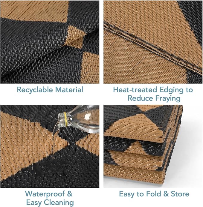 GarveeLife 8x10 Outdoor Rug for Patio Reversible, Plastic Straw Rug Waterproof Camping Rug Portable, Foldable Lightweight Mat for RV, Patio, Backyard, Deck, Picnic, Beach (Black/Brown)