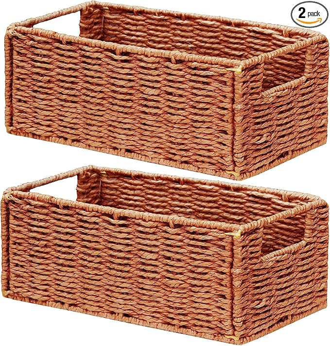 Vagusicc Wicker Storage Basket, Set of 2 Hand-Woven Paper Rope Wicker Basket, Small Storage Baskets for Organizing Toilet Paper, Foldable Small Cube Organizer Bins for Shelves (Orange)