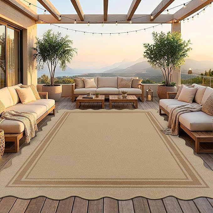 8x10 Scalloped Rug Easy Jute Washable Rug for Living Room Indoor Outdoor Tan Geometric Non Slip Carpet for Under Table Neutral Carpet for Backyard Patio Dining Room