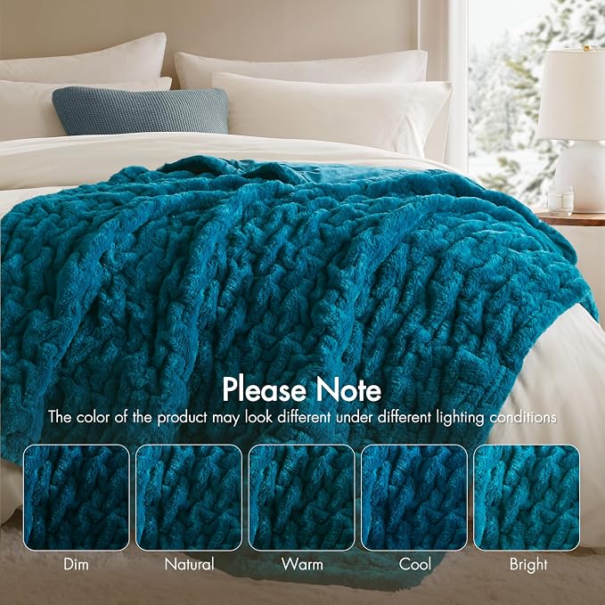Madison Park Ruched Faux Fur Luxury Throw Teal 50*60 Premium Soft Cozy Brushed Long Faux Fur For Bed, Coach or Sofa | Luxury, Premium, Soft Cozy Brushed Long Pile, All Season Plush Modern OEKO- TEX Certification Warm For Bed, Couch or Sofa