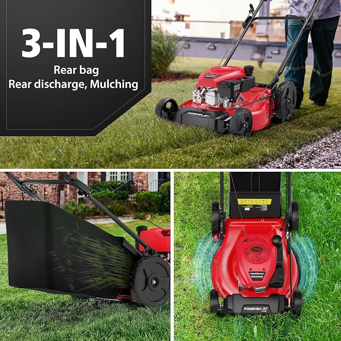 PowerSmart Gas Lawn Mower, 21-Inch Push Mower with 140cc OHV Engine, Steel Deck, 3-in-1 Bag/Mulch/Rear Discharge, 6 Height Positions, 10” Rear Wheels