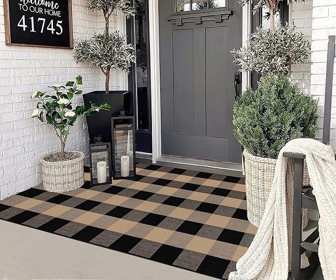 Outdoor Rug 3'x5' Tan and Black Checkered Porch Rug Cotton Woven Washable Area Rug Indoor Outdoor Door Mats for Welcome Layered Porch Entryway Bedroom Living Room