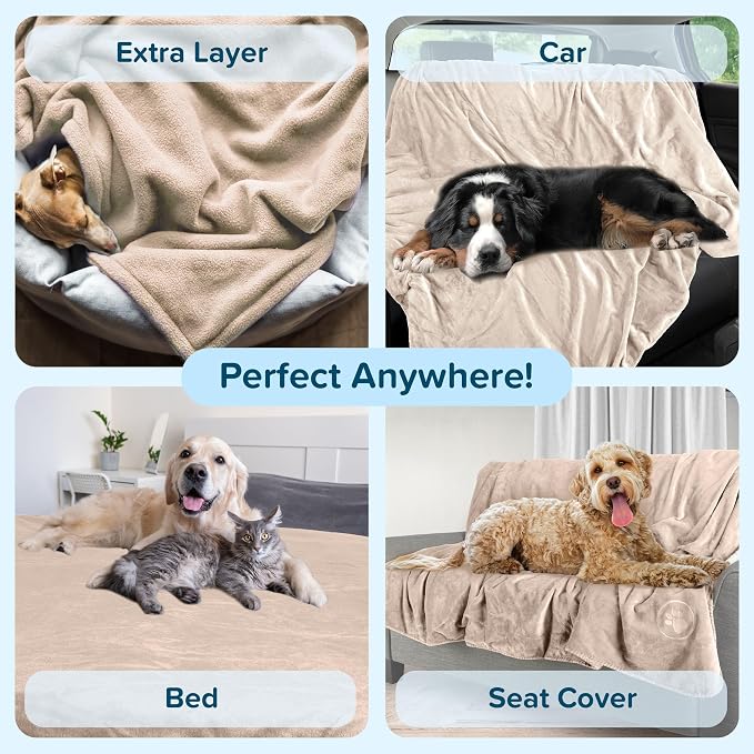 PETMAKER Dog Blanket, Tan, 80” x 100” | Reversible Sherpa Blanket - Throws for Bed, Couch, Crate, or Car - Machine Washable Puppy Essentials