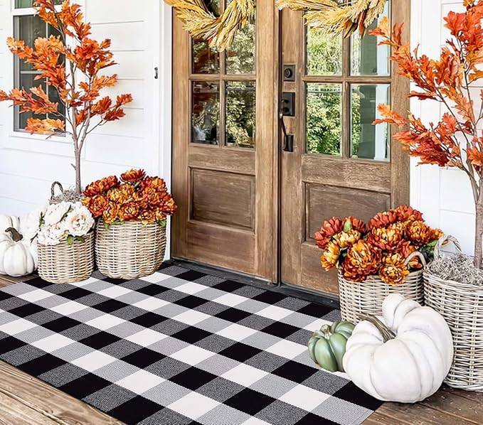 3'x 5' Outdoor Rug,Black and White Porch Rug Cotton Woven Washable Layered Doormat for Welcome Door Mat Porch Entryway Bedroom Living Room