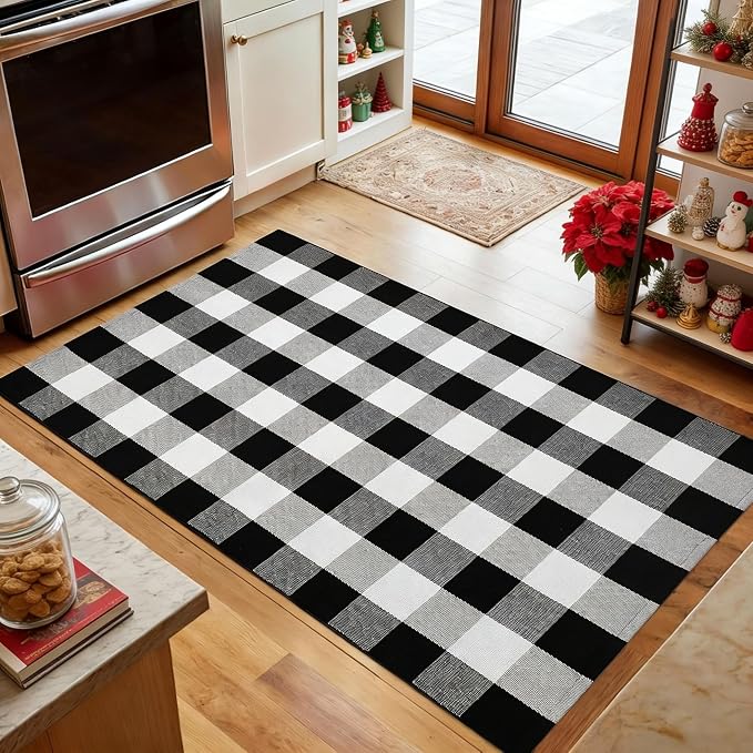 Buffalo Plaid Rug 3' x 5', Black and White Washable Farmhouse Checkered Rug, Non-Slip Indoor Outdoor Floor Mat for Living Room, Bedroom, Entryway, Kitchen, Laundry Room, Patio, Porch