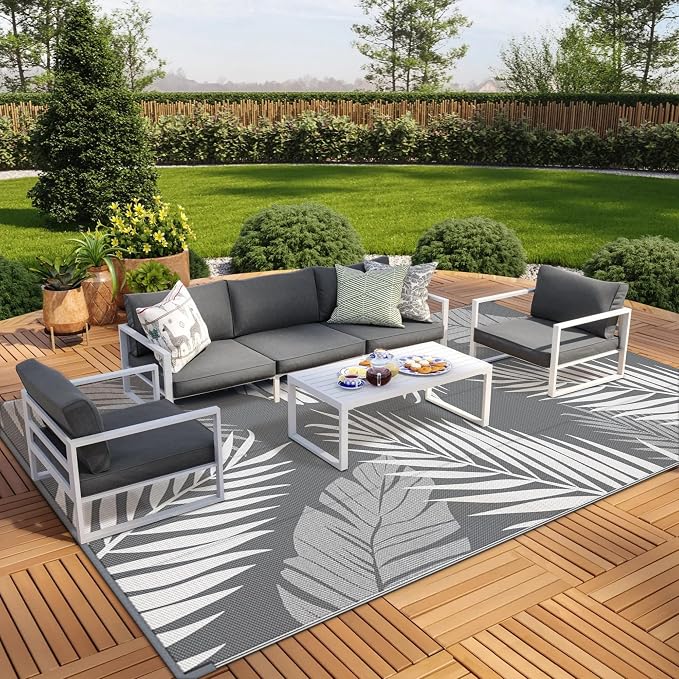GENIMO Outdoor Rug, Waterproof Plastic Rugs 10'x14' for Camping Grey White | Outside Larger Leaf Carpet Mat for Porch Decor, Deck, Camping, RV, Backyard, Balcony, Picnic, Beach, Reversible, Foldable