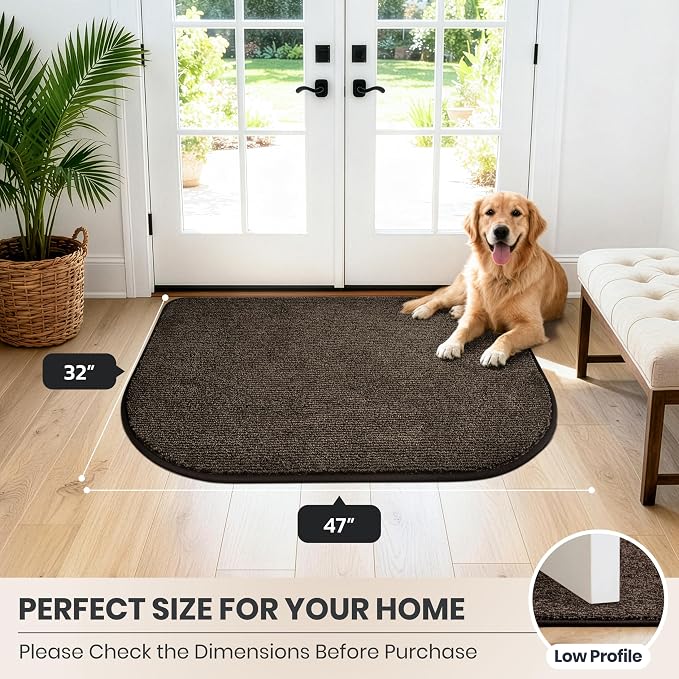 PURRUGS Dirt Trapping Door Mat Half Round 32" x 47", Non-Slip Machine Washable Entry Rug, Entrance Mat, Indoor Front Door Mat, Super Absorbent Entryway Rug for Muddy Shoes & Paws, Heathered Brown
