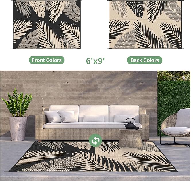 GENIMO Outdoor Rug, Waterproof Plastic Rugs for Patio, 6'x9' Black Beige | Outside Larger Leaf Carpet Mat for Porch Decor, Deck, Balcony, Camping, RV, Backyard, Picnic, Beach, Reversible, Foldable