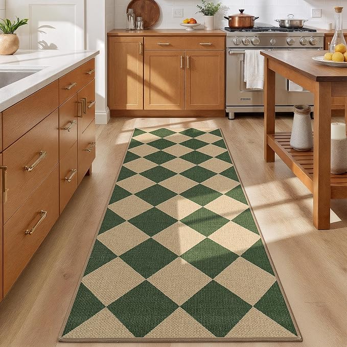 Lessymo Kitchen Runner Rug 2x6 Checkered Jute Rugs Washable Non Slip, Green | for Entryway Hallway Bedside, Indoor Outdoor Carpets for Patio Porch, Stain Resistant, Kid Pet Friendly, Diamond Green/Beige