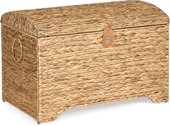 Honjourai Handwoven Storage Basket with Lid, 178L Wicker Storage Trunk | Natural Water Hyacinth Storage Chest, Leather Buckle, Metal Frame, Metal Ring Handles for Easy Transport