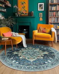 Area Rugs 6ft Washable Non-Slip, Floral Vintage Distress Print Pattern Medallion Carpet for Living Room Bedroom Dining Room, Teal Green Lake Blue Turquoise