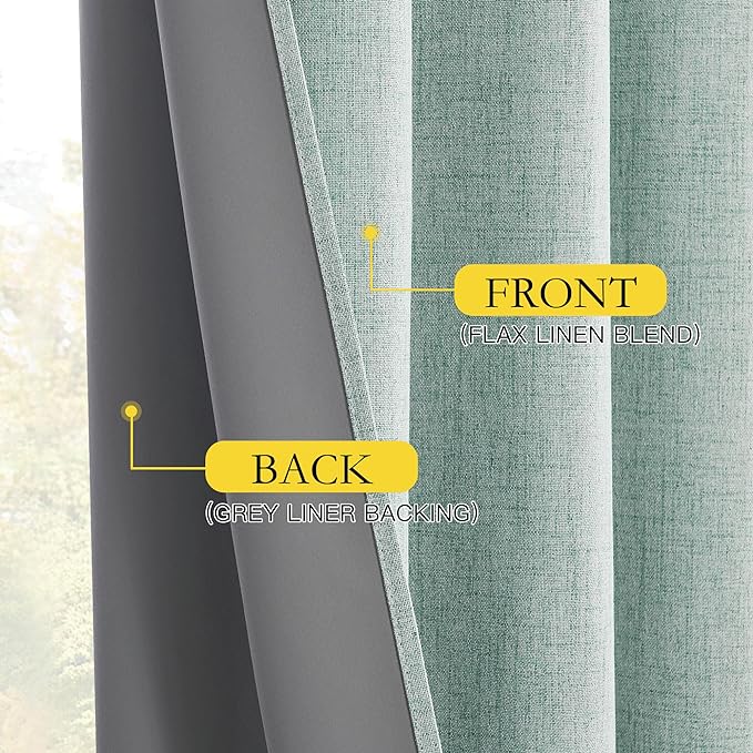 NICETOWN 100% Absolutely Blackout Linen Curtains with Thermal Insulated Liner, Seafoam Green, 62" Wide, 120" Length Energy Saving Curtains for Living Room 2 Panels Set, Vertical Blinds
