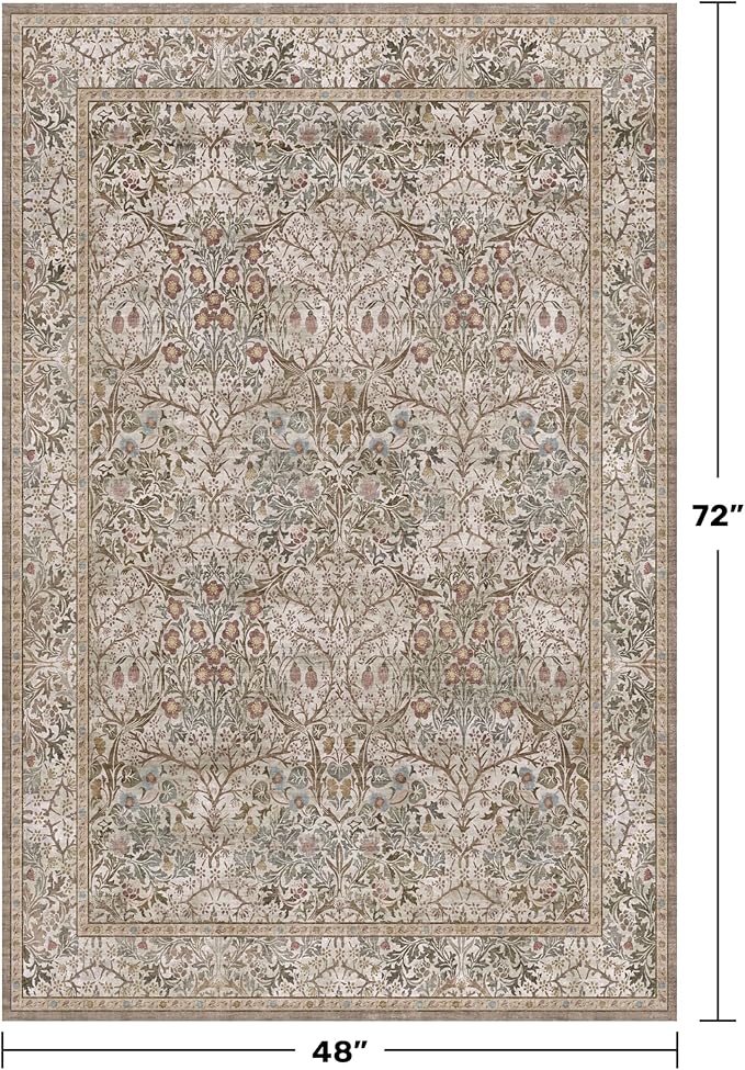 Vintage 4x6 Entryway Rug, Washable Area Rugs for Mudroom, Bedside Rugs Bedroom, Large Kitchen,Living Room, Office, Dorm, Non-Slip Low Pile Soft Stain Resistant Carpet Floral Moss Green Taupe Decor